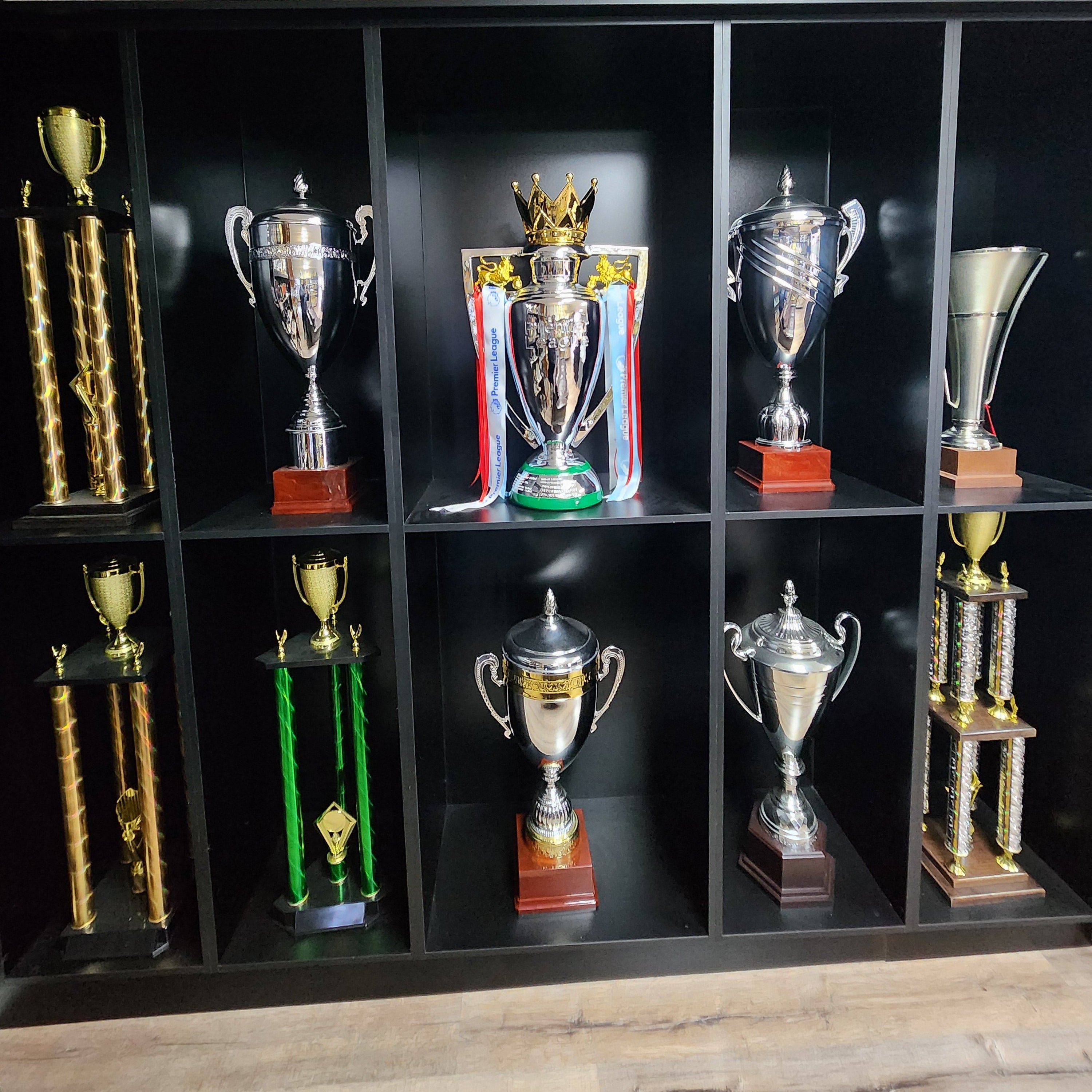 Collection of trophies displayed in a black shelf unit.