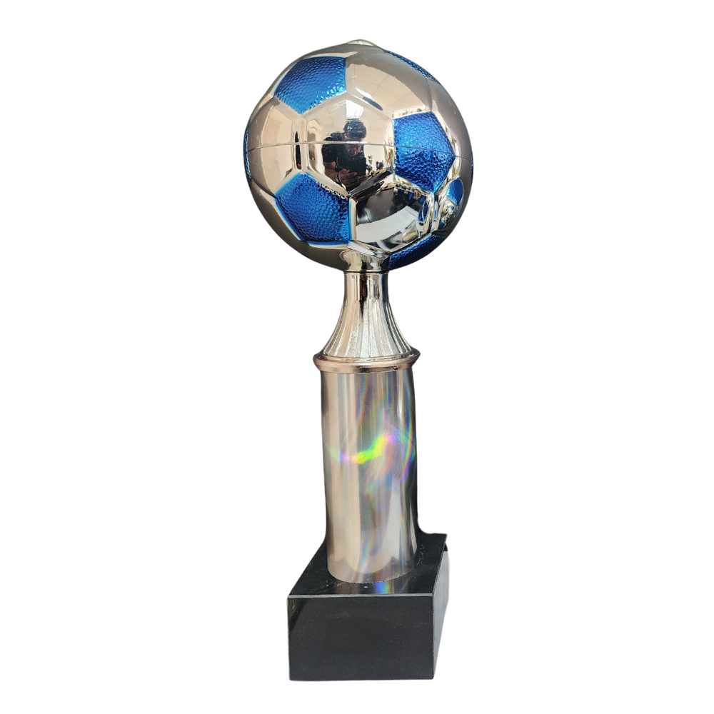Soccer Ball Column Trophy (Silver/Blue)