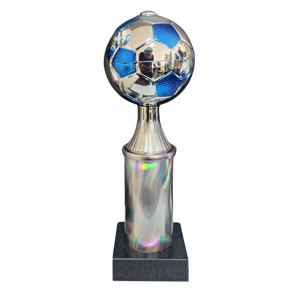 Soccer Ball Column Trophy (Silver/Blue)