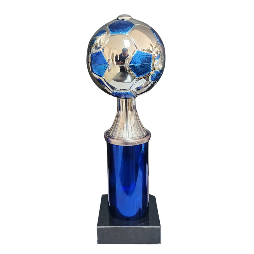 Soccer Ball Column Trophy (Silver/Blue)